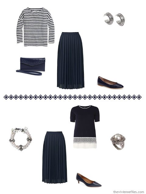 two ways to wear a Uniqlo navy pleated skirt