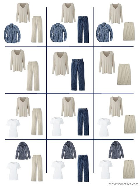 a dozen outfits built from the 9 wardrobe Neutral Building Blocks in denim, white and khaki