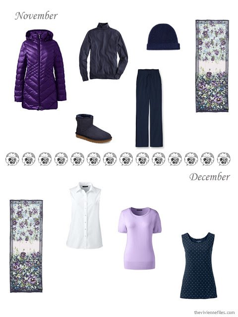 a cold-weather outfit in navy and purple, and some tops in white, purple and navy