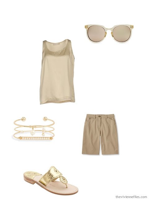 camel summer outfit with gold accessories