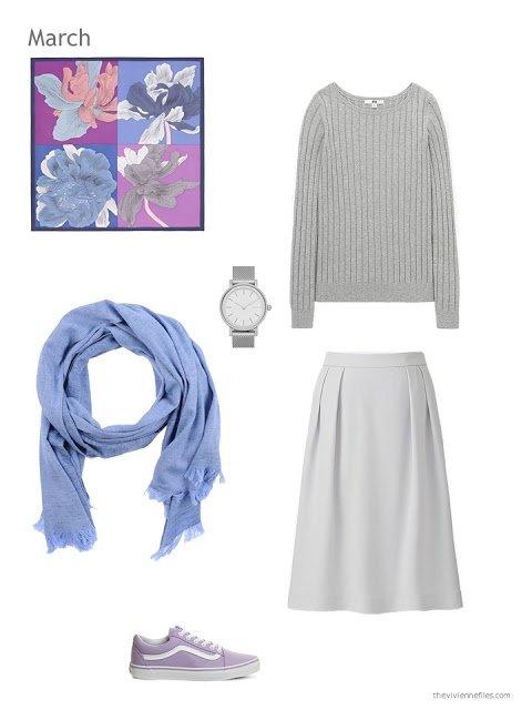 pale grey skirt outfit with scarf, watch and canvas shoes