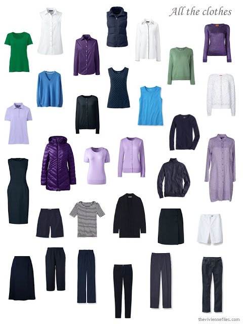 a complete wardrobe in navy, purple, blue, green and white