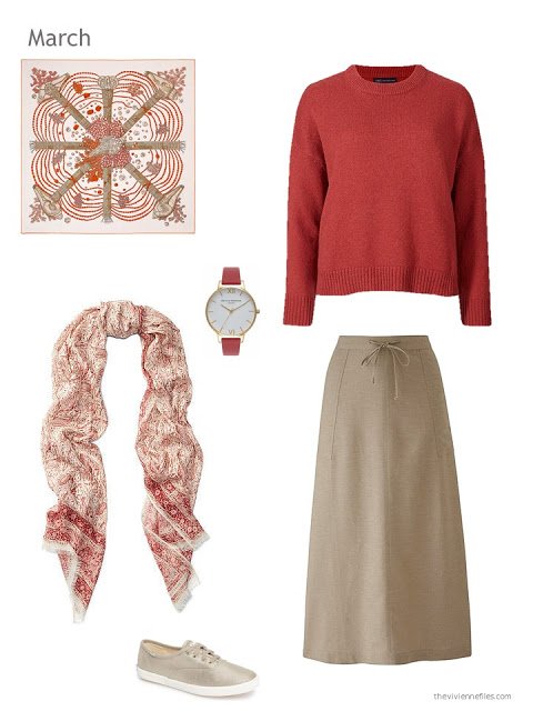 red and light brown skirt outfit with scarf, watch and canvas shoes