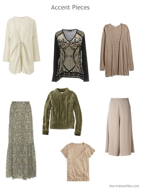 seven wardrobe Accent Pieces in ivory, sage green, taupe and black