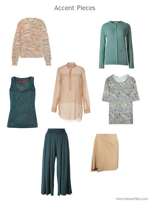 7 wardrobe accent pieces in camel and teal