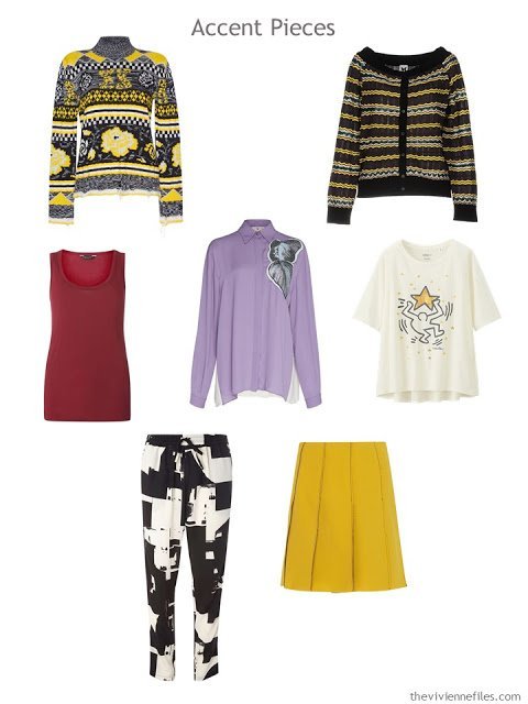 seven wardrobe accent pieces in yellow, red, purple, and black and white