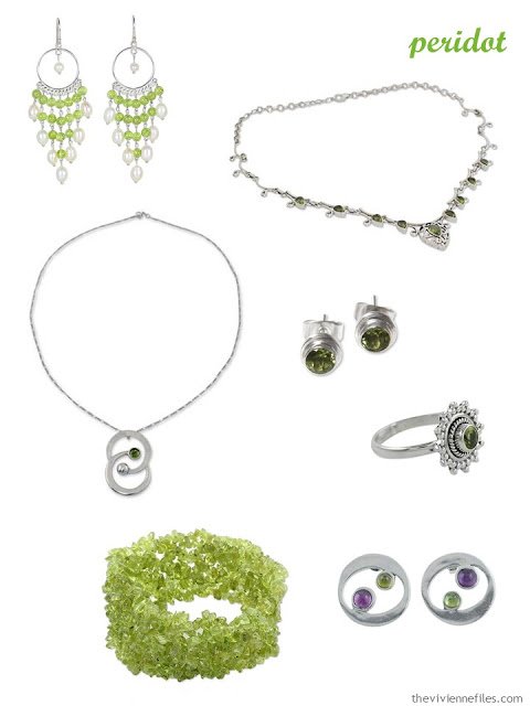 a family of seven pieces of peridot jewelry