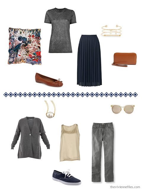 two outfits from a navy, grey and camel capsule wardrobe