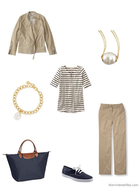 khaki outfit with gold and pearl jewelry and navy fabric accessories