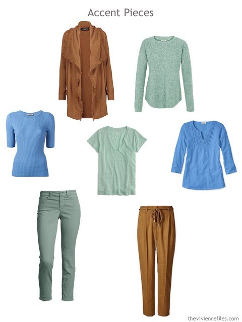 7 accent garments in tobacco brown, soft mint green and sky blue