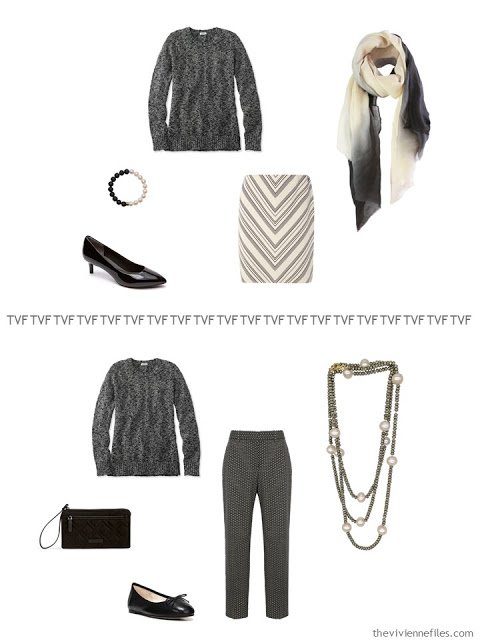 2 ways to wear a black and ivory marled cotton sweater