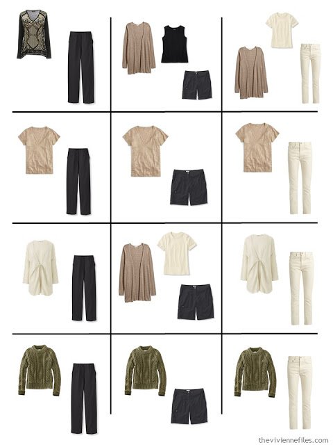 a dozen outfits from a 16-piece wardrobe in black, ivory, taupe and sage green