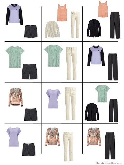 a dozen outfits taken from a 4 by 4 wardrobe in black, ivory and pastels