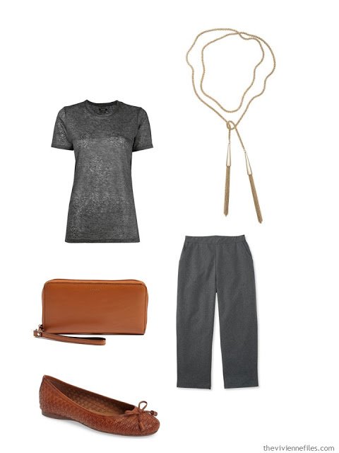 grey outfit with brown leather accessories