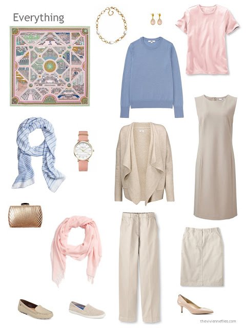 six-piece beige, light blue and pink capsule wardrobe