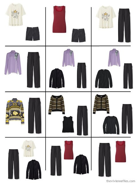 12 outfits assembled from a 4 by 4 Wardrobe in black, ivory, purple, yellow and red