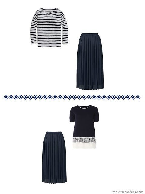 Two ways to wear a navy pleated skirt