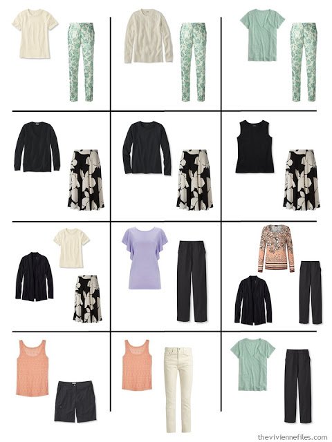 12 outfits taken from a 4 by 4 wardrobe in black, ivory and pastels