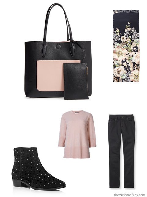 pink sweater and black jeans, with color blocked tote and studded boots