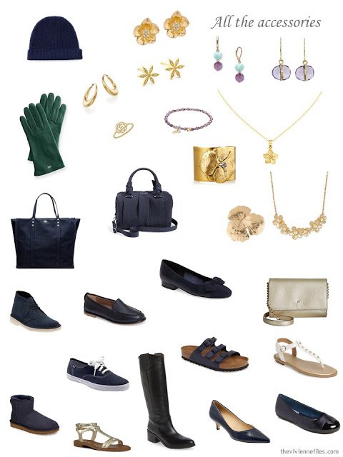 accessories for a navy-based, flower inspired wardrobe