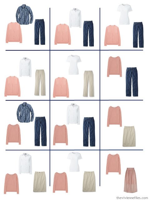 12 outfits taken from a 4 by 4 Wardrobe of denim, khaki and pastels