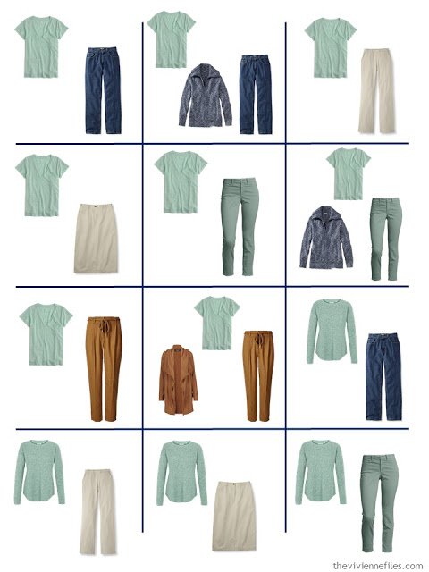 12 outfits from a 4 by 4 wardrobe with a denim and khaki core, and accents of green, blue and tobacco brown