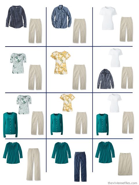 a dozen outfits taken from a 4 by 4 Wardrobe in denim, khaki, teal, caramel and white