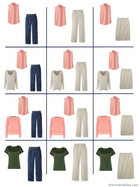 a dozen outfits from a 4 by 4 Wardrobe anchored in denim and khaki