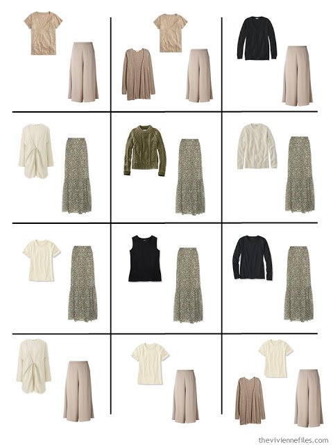 a dozen outfits from a Four by Four Wardrobe in black, ivory, taupe and sage green