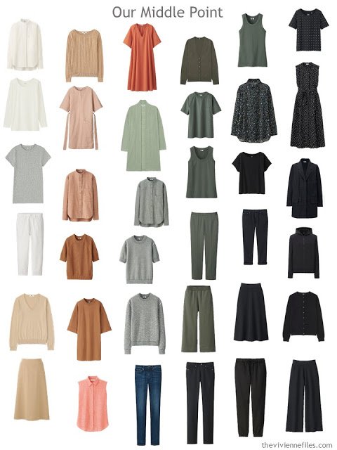 a 36-piece all-season wardrobe in ivory, camel, rust, olive and black