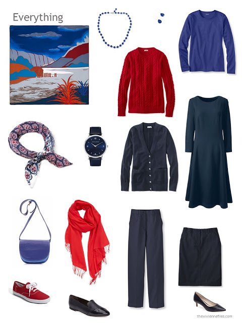 six-piece navy, red and lapis blue capsule wardrobe