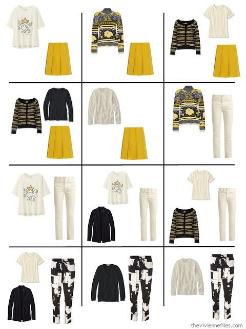 a dozen outfits from a 16-piece travel capsule wardrobe in black, ivory, yellow, red and purple