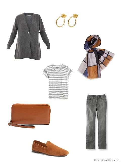 grey outfit with brown leather bag and shoes