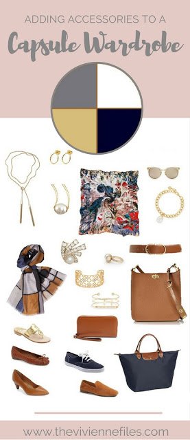 How to accessorize a capsule wardrobe in an 'all neutral' color palette of Navy, Grey, Camel, and white.