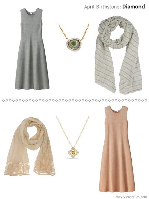 diamond accented jewelry with an olive dress, and with a rust dress