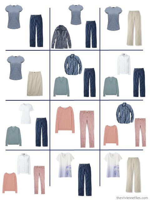 12 outfits taken from a 4 by 4 Wardrobe of denim, khaki and pastels