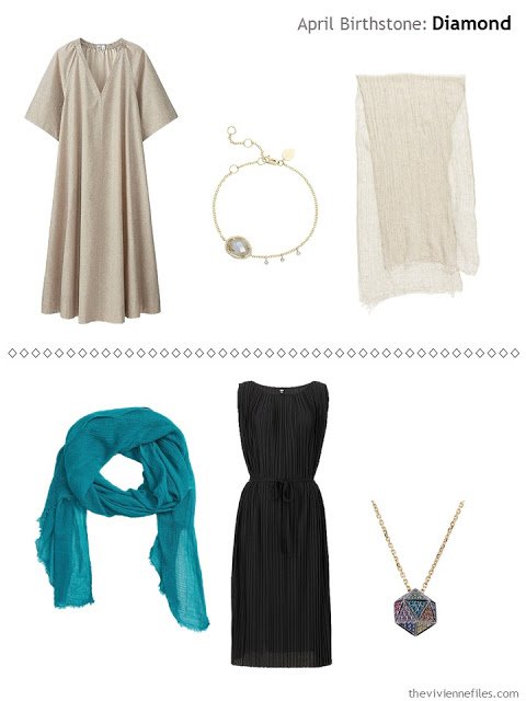 diamond accented jewelry with a beige dress, and with a black dress