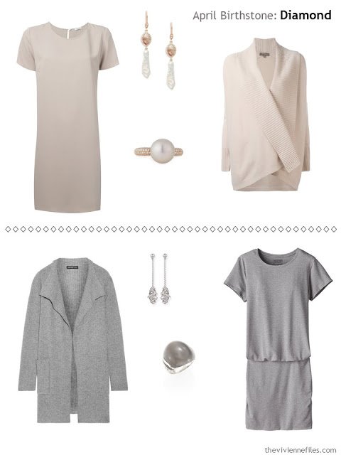 diamond accented jewelry worn with beige, and with grey