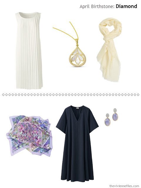 diamond accented jewelry worn with an ivory dress, and with a navy dress