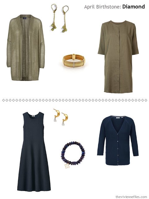 diamond-accented jewelry worn with olive, and with navy