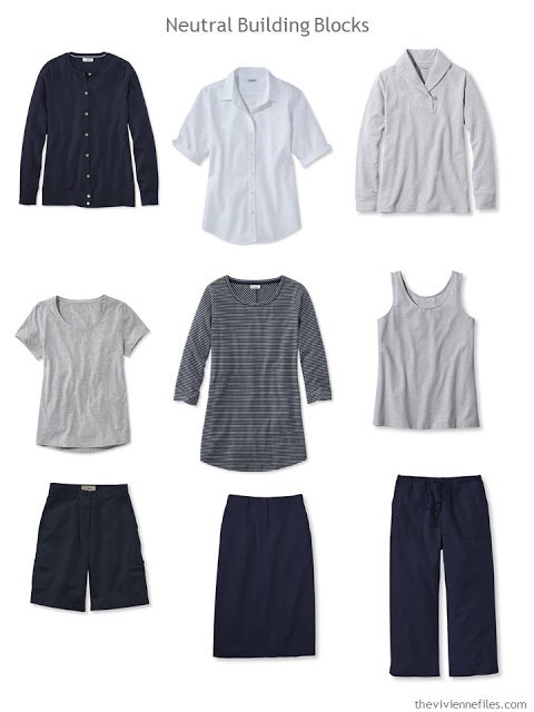 nine wardrobe Neutral Building Blocks in navy and grey for warmer weather
