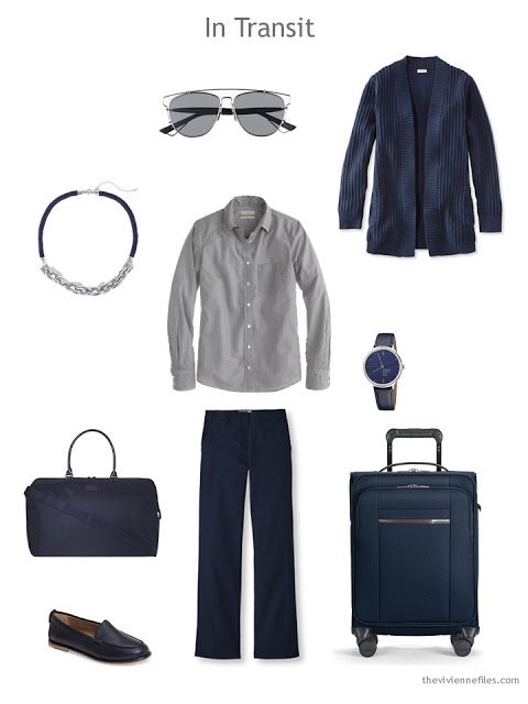 travel outfit in navy and grey