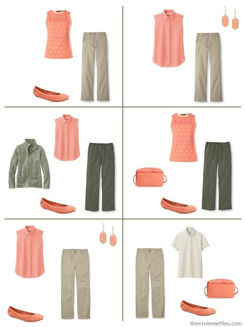 six outfits using coral as an accent for olive green or beige, in warmer weather