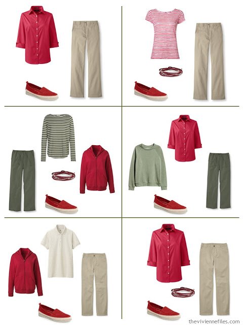 six ways to wear red with khaki tan or olive green when the weather in warm