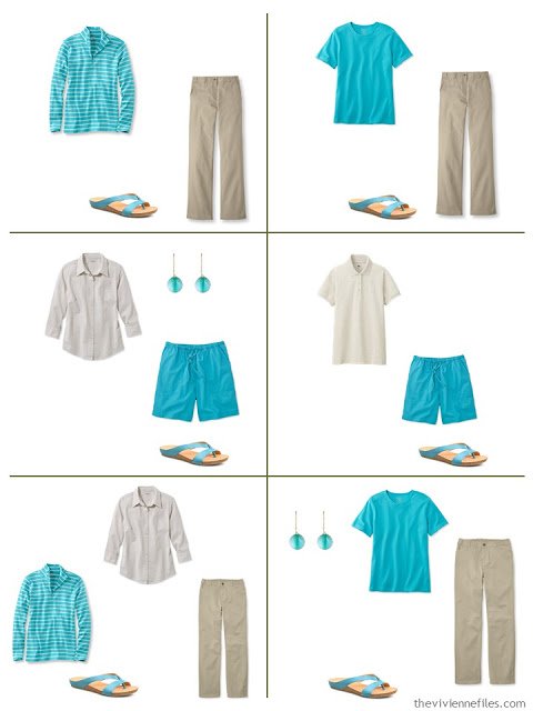 how to wear turquoise, or teal, or azure, with khaki and beige