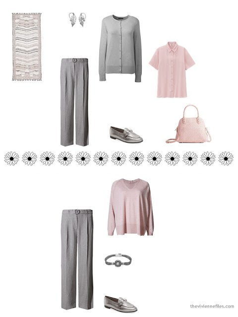 2 ways to wear grey pants from a travel capsule wardrobe for warm weather