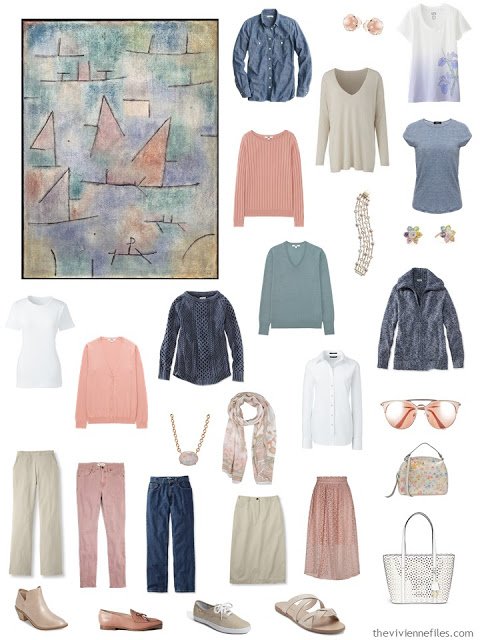 a sixteen-piece 4 by 4 Wardrobe in khaki, denim, white, and pastels