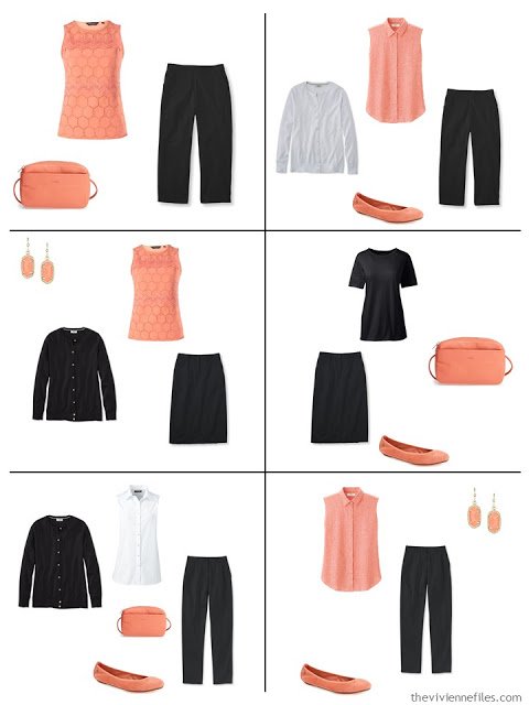six outfits in black, white and coral, for warmer weather