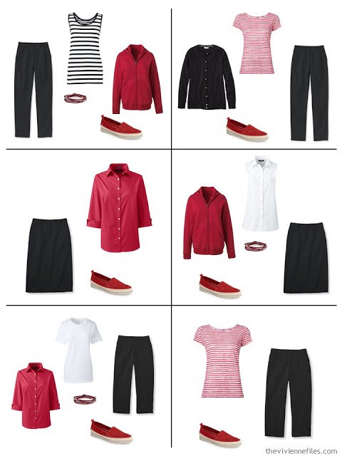 six outfits in red, black and white for summertime