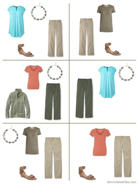 six outfits using labradorite as an accent to olive green and beige